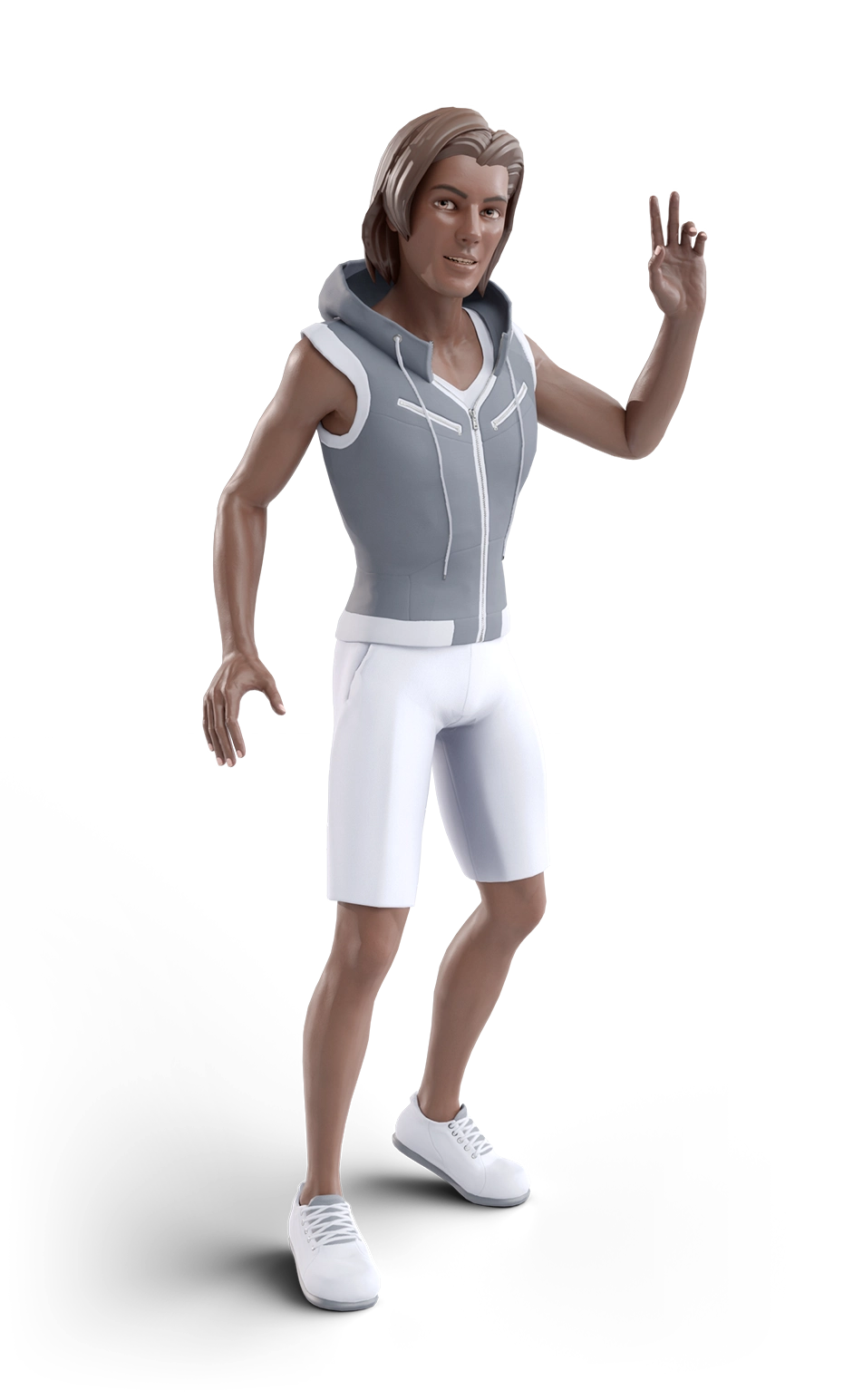 Male avatar wearing a grey hoodie with white shorts and shoes.